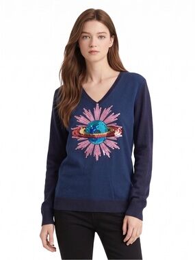 Gorgeous Color Block Navy V-Neck Sequin embroidered Planet Sweater.